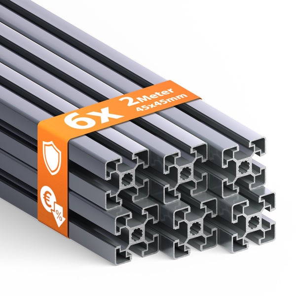 Sechs Aluminiumprofile, je zwei Meter lang, 45 mal 45 Millimeter