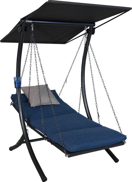 Hängeliege mit Sonnendach, Kettenaufhängung und Getränkehalter für den Garten