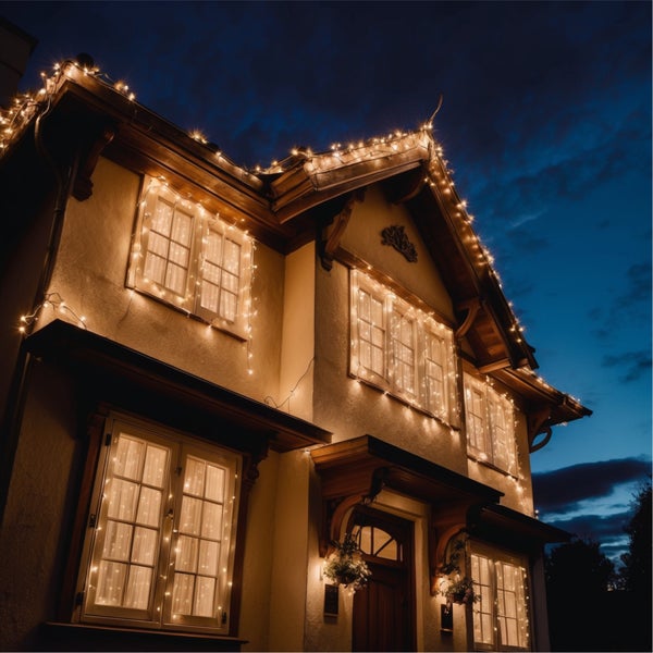 Hausfassade mit weihnachtlicher Lichterketten-Dekoration