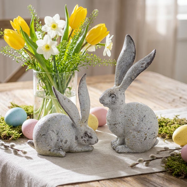 Zwei dekorative Osterhasen Figuren aus Steinoptik als Tischdekoration mit Frühlingsblumen und Ostereiern auf einem Holztisch.