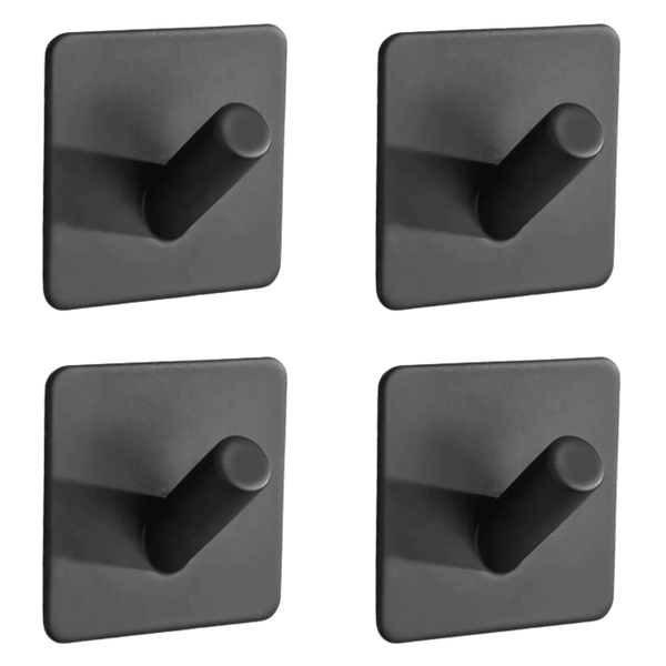 Vierer-Set selbstklebende Wandhaken aus Metall in Mattschwarz mit quadratischer Grundplatte und zylindrischem Haken.