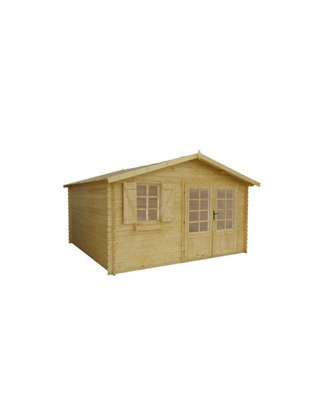 Gartenhaus aus Holz mit Satteldach, Doppeltür mit Fensterausschnitten sowie ein Fenster mit Fensterläden und Blumenkasten.
