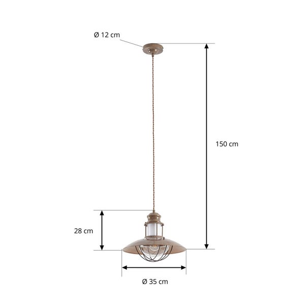 Technische Zeichnung einer Pendelleuchte mit den Maßen: Durchmesser Schirm 35 cm, Höhe Schirm 28 cm, Durchmesser Deckenhalterung 12 cm, Gesamthöhe 150 cm