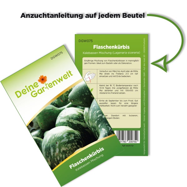 Samentüte Flaschenkürbis Kalebassen Mischung von Deine Gartenwelt mit Anzuchtanleitung auf der Rückseite.