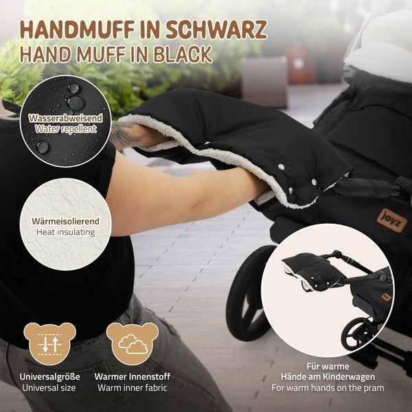 Joyz Kinderwagen Handwärmer, Schwarz, Kinderwagenmuff mit Warm Flanell Innenseite, Muff Atmungsaktiv Wasserdicht Winddicht, Handmuff Handschuhe Universalgröße für Kinderwagen & Buggy, Schutz der Hände