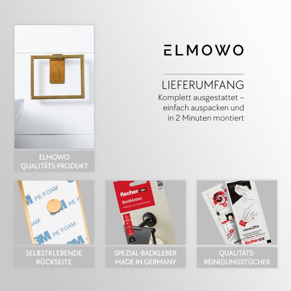 ELMOWO Handtuchhalter Lieferumfang mit Fischer Badkleber, Klebepads und Reinigungstüchern zur einfachen Wandmontage im Badezimmer.