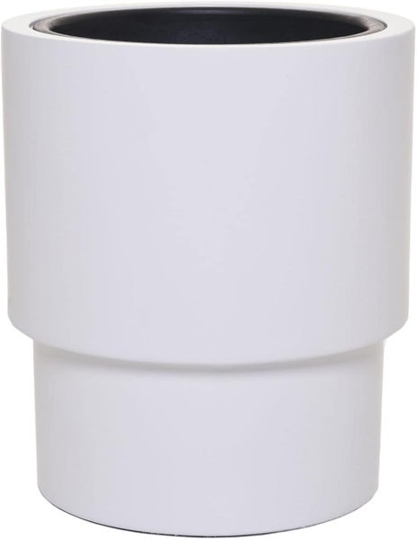 Weißer zylindrischer Pflanztopf mit abgesetzter Basis und schwarzer Innenseite.