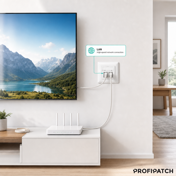Anwendungsbeispiel für eine LAN-Netzwerkdose an der Wand, verbunden mit einem Fernseher und einem Router über Ethernet-Kabel.