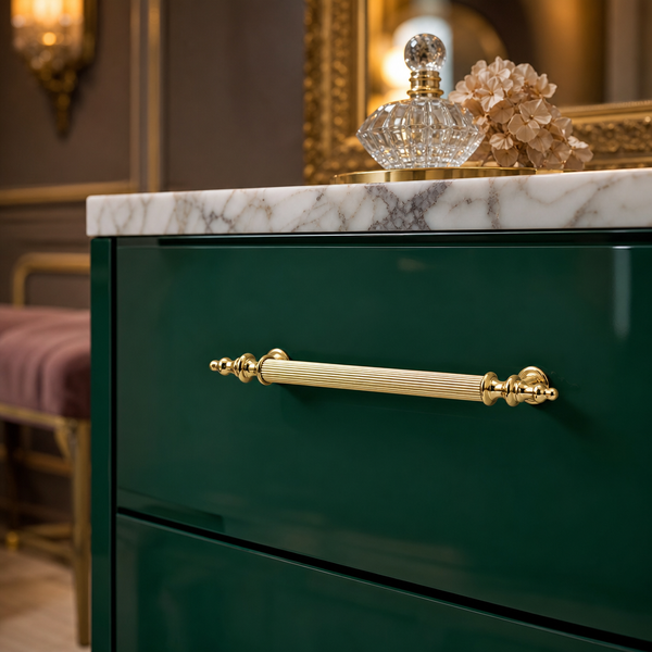 Grüner Badezimmerschrank mit goldenem Rillengriff und weißer Marmorplatte.