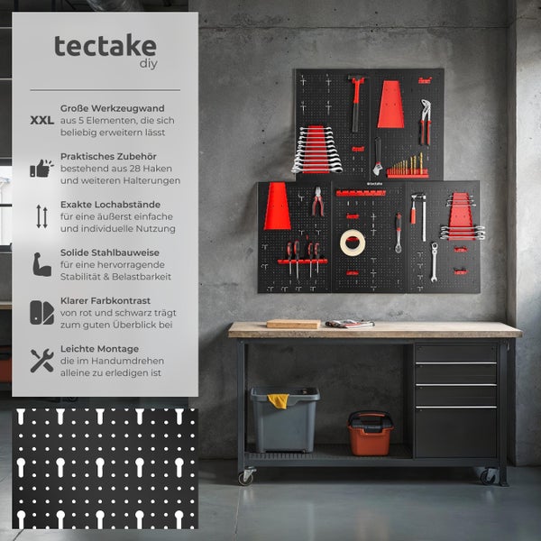 Werkzeuglochwand tectake Jonah Belastbarkeit 4 kg pro Platte fünfteilig schwarz/rot