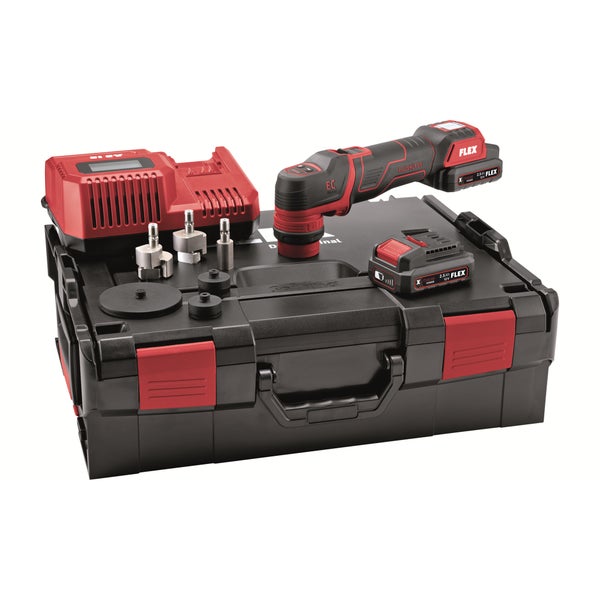 FLEX Akku Multitool im Koffer mit Ladegerät und zwei Akkus inklusive Zubehörset für vielseitige Renovierungsarbeiten.