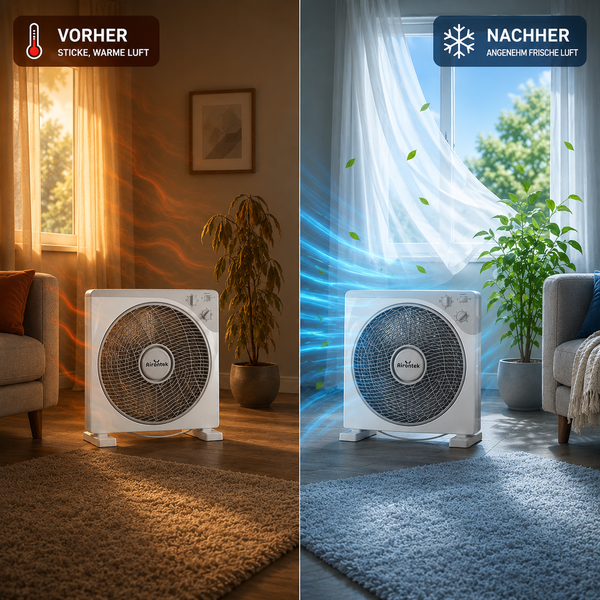 Airontek Bodenventilator im Wohnzimmer: Vergleich der Luftzirkulation von warmer, stickiger Luft zu frischer Luft.
