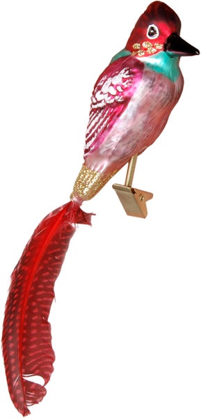 Rot 15cm Eisvogel aus Glas auf Clip mit roter 7cm Schwanz-Feder mundgeblasen und handdekoriert, 1 Stck.