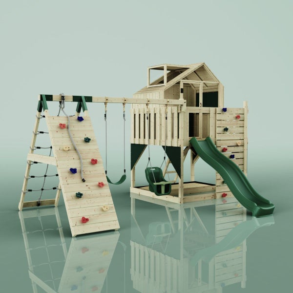 Spielplatz mit Kletterwand, Schaukel und Rutsche aus Holz