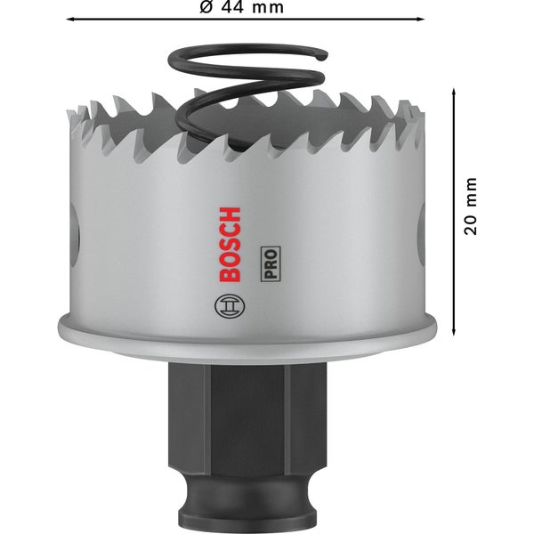 Lochsäge mit 44 Millimeter Durchmesser und 20 Millimeter Höhe mit Bosch Logo