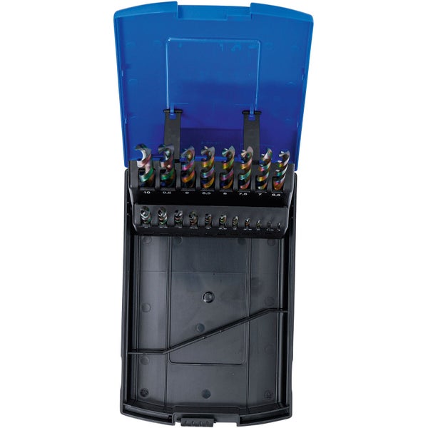 Bohrerset für Metall mit verschiedenen Größen in blauem Koffer