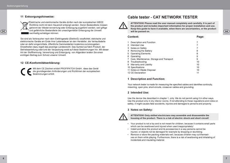Seite aus der Bedienungsanleitung für einen Netzwerktester mit Entsorgungshinweisen, CE Konformitätserklärung und Sicherheitshinweisen.