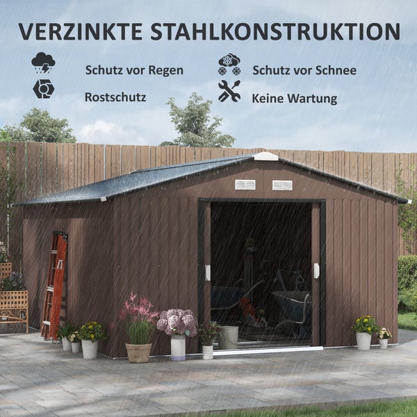 Outsunny Gerätehaus 12,4 m², Gartenhaus mit Pultdach, Schiebetür, Fundament, 386 x 340 x 200 cm, Geräteschuppen aus Verzinkter Stahl, wetterfest, für Garten, Braun