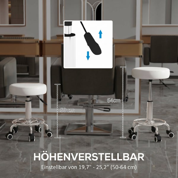 Höhenverstellbarer Rollhocker mit gepolsterter Sitzfläche und Metallfußkreuz auf Rollen, Maße von 50 bis 64 Zentimeter einstellbar.