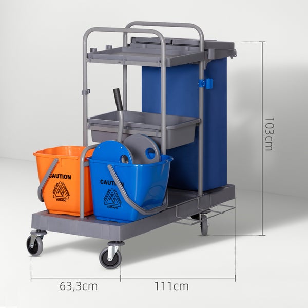 Reinigungswagen mit zwei Eimern, Presse, Ablageschalen und Abfallsack. Maße: 111 Zentimeter Länge, 63,3 Zentimeter Breite, 103 Zentimeter Höhe.