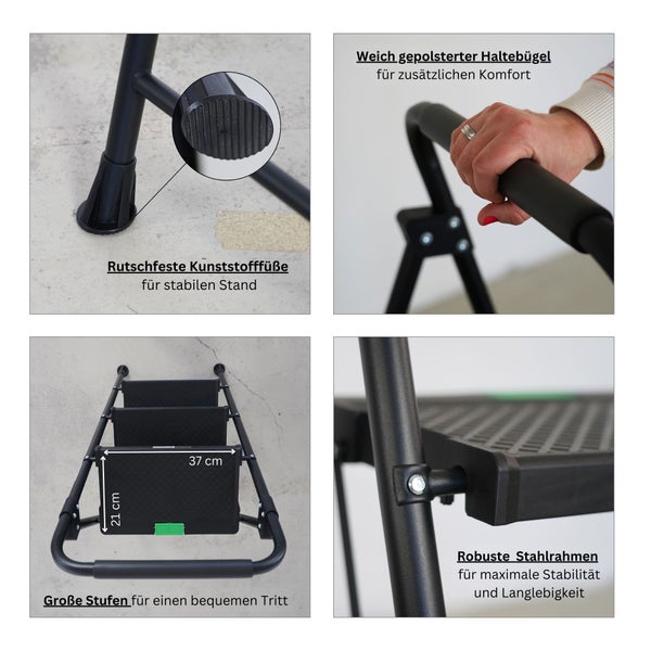 Klapptritt aus Stahl mit rutschfesten Kunststofffüßen, gepolstertem Haltebügel, großen Stufen von 37 mal 21 Zentimetern und robustem Stahlrahmen.