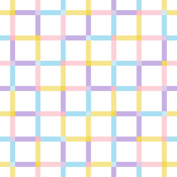 Tapete mit buntem Karomuster aus horizontalen und vertikalen pastellfarbenen Streifen.