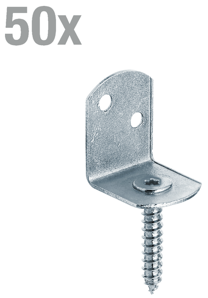 Winkelverbinder aus Metall mit befestigter Holzschraube, 50 Stück Packung zur stabilen Montage von Holzverbindungen.