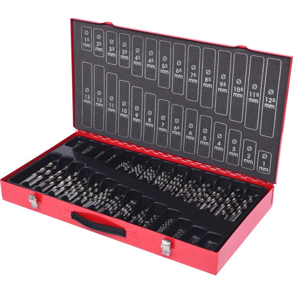 Bohrer Set in rotem Metallkoffer mit Größenangaben