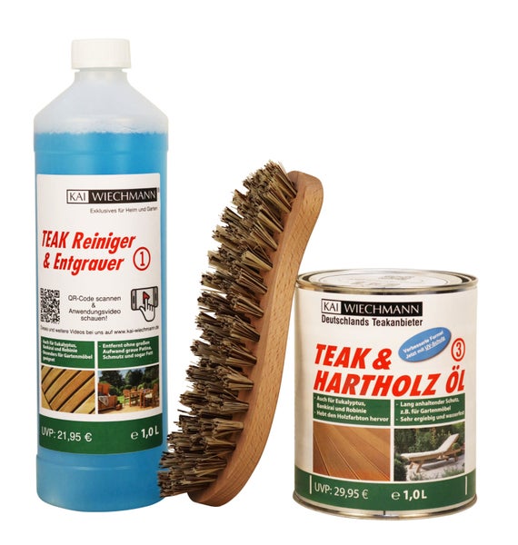 Kai Wiechmann Teak-Pflegeset mit Teak-Reiniger und Entgrauer, einer Reinigungsbürste aus Holz und Teak- und Hartholzöl für Gartenmöbel.
