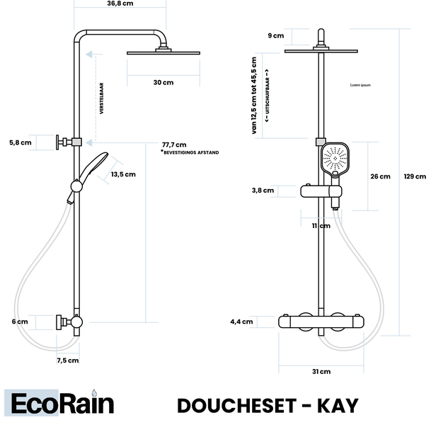 EcoRain 30% Wassersparender Regendusch-Duschset Kay 25 CM mit Thermostatarmatur - Handbrause 12 CM - Hoher Druck - Universell - Anti-Kalk Duschkopf - Schwarz
