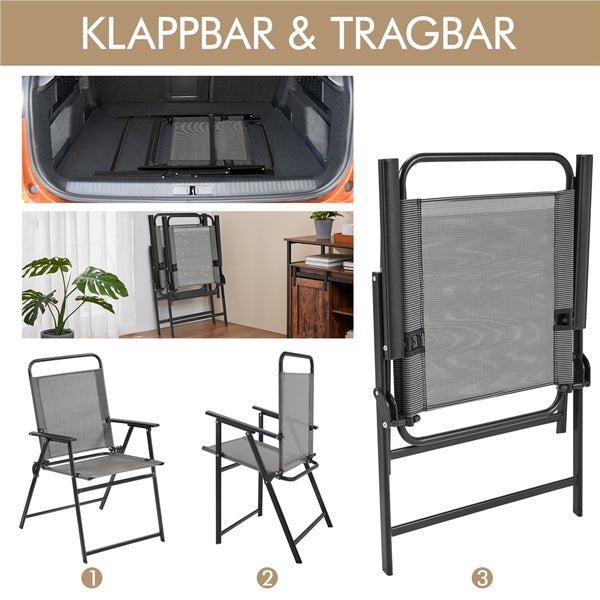 Klappbarer Gartenstuhl mit Metallgestell und Textilbespannung, platzsparend zusammengefaltet im Kofferraum und aufgestellt im Wohnraum.