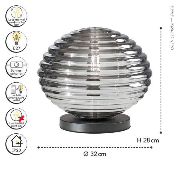 Runde Tischleuchte Ripple aus geriffeltem Glas mit schwarzem Sockel, Durchmesser 32 Zentimeter, Höhe 28 Zentimeter, E27 Fassung.