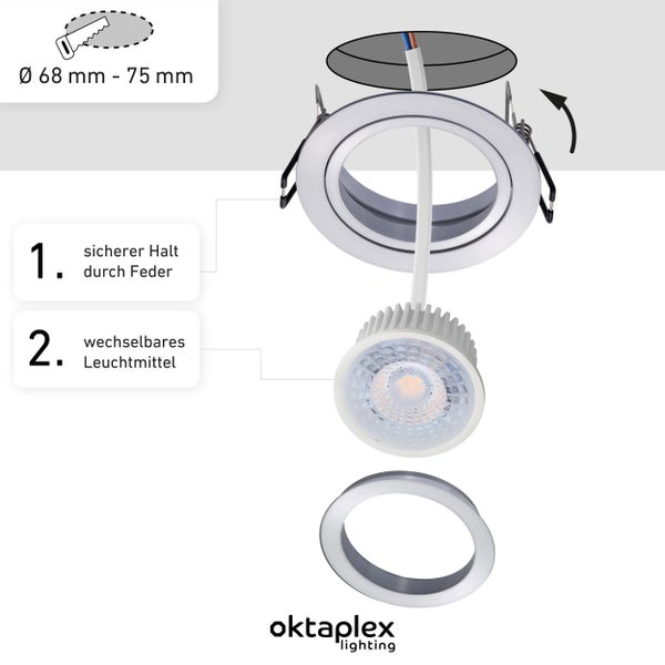Lyon Deckenspots LED Einbaustrahler 2700K 4,8W 380lm Schwenkbar 3er Set Warmweiß Einbauleuchten rund 80mm Lochmaß