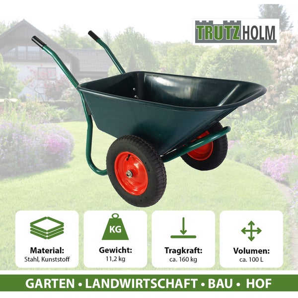 TrutzHolm Schubkarre aus Stahl und Kunststoff, mit einem Gewicht von 11,2 kg und einem Volumen von circa 100 Litern