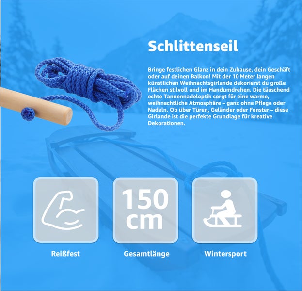 Schlittenzugseil mit Holzgriff und einer Länge von 150 Zentimeter für den Wintersport