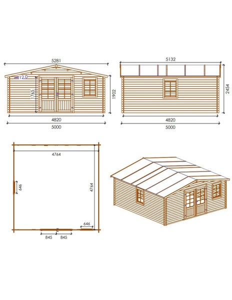 Technische Zeichnung mit Maßangaben eines Gartenhauses aus Holz inklusive Frontansicht Seitenansicht Grundriss und isometrischer Darstellung