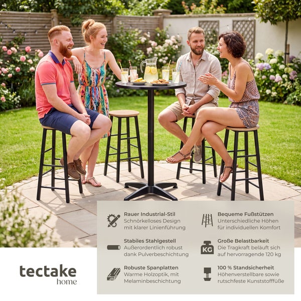 Vier Personen sitzen bei Getränken an einem runden Stehtisch mit Hockern in einem sommerlichen Garten, Tectake Home Logo und Produktmerkmale.
