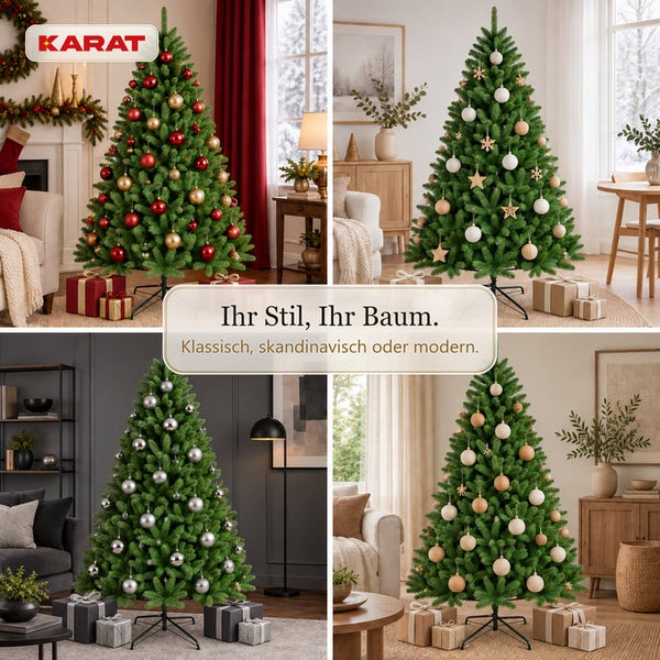 Künstliche Weihnachtsbäume der Marke Karat in verschiedenen Einrichtungsstilen dekoriert mit Christbaumkugeln und Weihnachtsgeschenken.