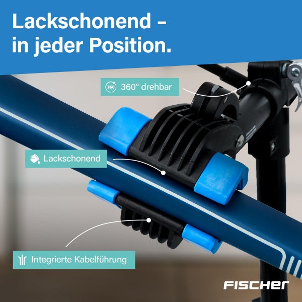 Fischer Fahrradmontageständer Halteklaue mit 360 Grad Rotation, lackschonenden Oberflächen und integrierter Kabelführung.