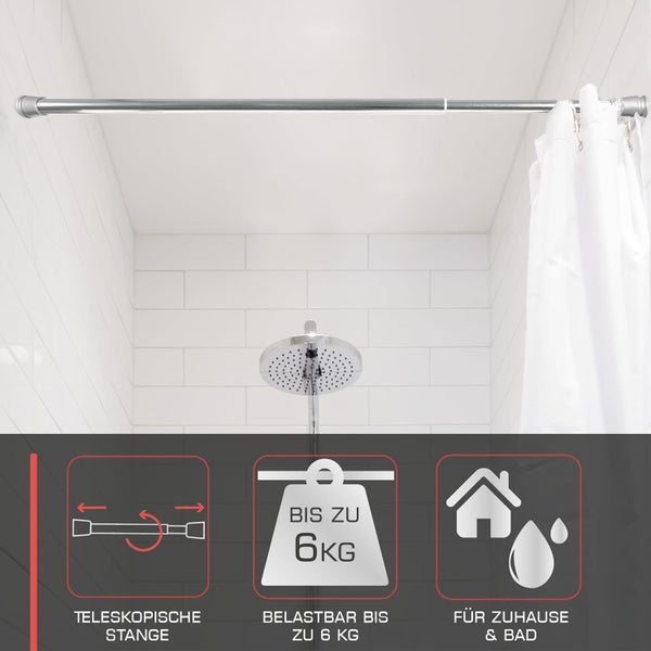 Teleskopische Duschvorhangstange im Badezimmer mit Symbolen für Teleskopstange, Belastbarkeit bis 6 kg und Verwendung für Zuhause und Bad