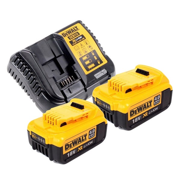 DeWalt Akku-Starter-Set mit Ladegerät DCB113 und zwei 18 Volt, 4,0 Ah XR Li-Ionen-Akkus.
