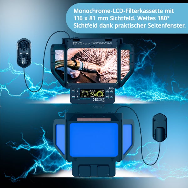 Schweißhelm mit monochromer LCD Filterkassette, 116 x 81 Millimeter Sichtfeld und 180 Grad Sichtfeld durch Seitenfenster