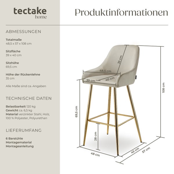 Barstuhl tectake Avane 48,5 x 57 x 108 cm, Belastbarkeit 120 kg in Samtoptik, gepolstert creme/gold