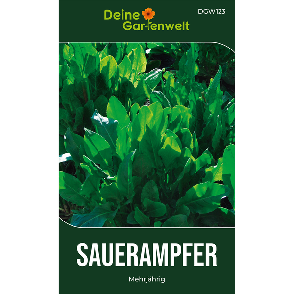 Deine Gartenwelt Logo, Samentüte für mehrjährigen Sauerampfer.