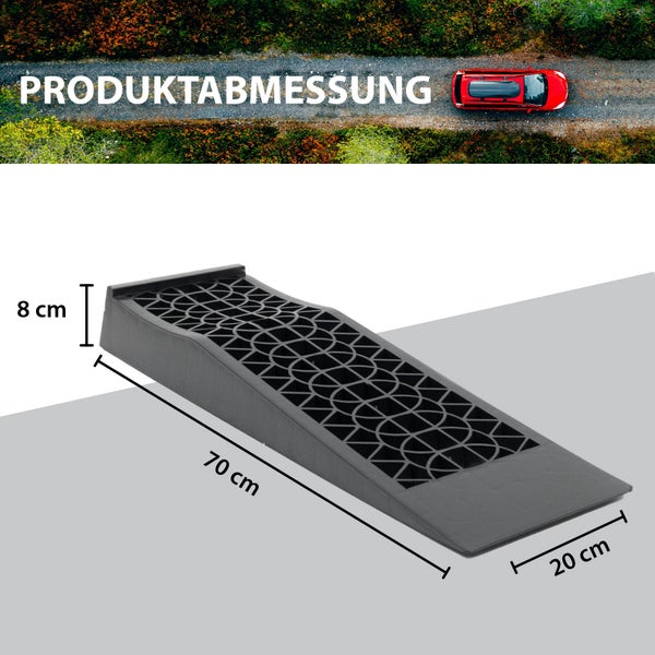 Abmessungen eines Auffahrkeils mit 70 cm Länge, 20 cm Breite und 8 cm Höhe