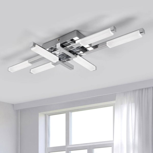 Moderne LED-Deckenleuchte mit verchromtem Metallgehäuse und sechs rechteckigen, weißen Lichtelementen aus Kunststoff.
