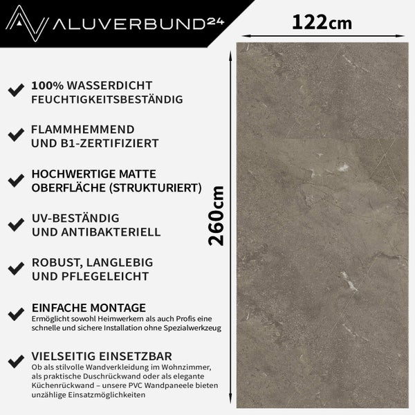 Aluverbund24 Wandpaneel aus Kunststoff in Steinoptik mit 122 mal 260 Zentimeter, wasserdicht, feuerfest und pflegeleicht für Wandverkleidungen.