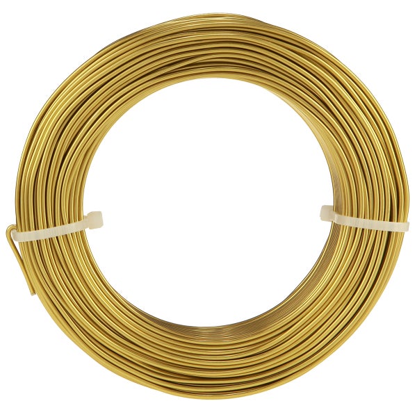 Goldfarbener Aluminiumdraht auf einer Rolle, fixiert mit weißen Bindern.
