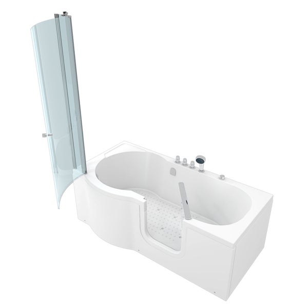 Modernes Badezimmer mit einer weißen Sitzbadewanne mit Tür, einer Duschwand aus Glas, verchromten Armaturen und beigen Wandfliesen.