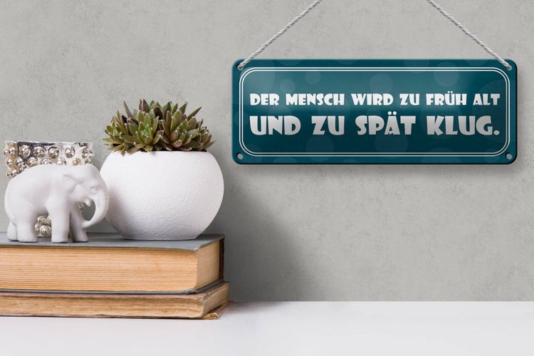 Blechschild Spruch 27x10cm Mensch wird früh alt spät klug Dekoration